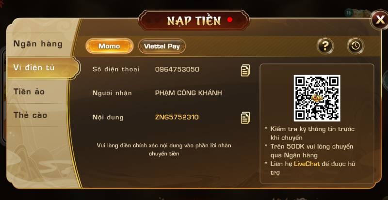 Nạp Tiền Qua Ví Điện Tử